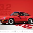 Text: "3.2 Cabriolet Hardtop", "boxermotor.de", "MÄRZ", "1985".  
Ein rotes Auto vor rotem Hintergrund, mit Kalender unten.