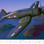 Text: "MÄRZ", "Vought F4U-1, Corsair", "NZ5201 BuNo 17995". Ein grünes Kampfflugzeug fliegt über einen See mit Inseln.