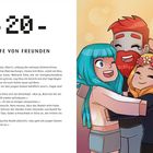 Links steht "- 20 - HILFE VON FREUNDEN". Rechts ist eine farbenfrohe Illustration von drei fröhlichen Personen, die sich umarmen.