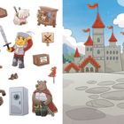 Links: Ritter, Gegenstände und Tiere in Cartoon-Stil. Rechts: Burg mit Türmen und Flaggen, umgeben von Bergen und Wolken.