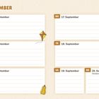 September-Kalender mit Datumsangaben vom 14. bis 20., verziert mit Drachen, Kürbis, Wolken.