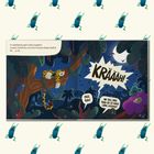 Text: "Im Gefühlsdschungel ist Ruhe eingekehrt...", "KRÄÄÄH!", "Psst, Ruhe!", "Wie soll man denn bei so einem Lärm schlafen?". Illustration von Tieren in einem Dschungel bei Nacht. Ein Leopard schläft auf einem Ast, während ein Wesen laut schreit.