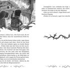Textausschnitt: Caro und Denno suchen einen Turm. Illustration: Zwei Kinder vor einer Ruine im Dschungel. Seitenzahlen 12 und 13.