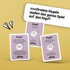 Text: "xxxDreiste Regeln stellen das ganze Spiel auf den Kopf! Regel: Niemand darf 'Ja' sagen. Regel: Der Boden ist Lava und darf nicht berührt werden. Regel: Wer nicht am Zug ist, beobachtet das Geschehen durch ein aus beiden Händen geformtes Fernglas." Drei Spielkarten mit Diagrammen auf gelbem Hintergrund.