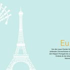 Links steht „EUROPA“ vertikal. Rechts das Wort „Europa“ groß. Darunter Text über Europas Sehenswürdigkeiten. Zeigt Dudelsack, Eiffelturm, Vase.