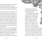 Text im Buch. Illustration: Schwarzes Pony mit dunkler Mähne schaut zwischen Bäumen hervor, einer hebt freundlich die Hand.