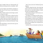 Zwei Seiten Text über eine Bootsreise zu Inseln bei Nacht. Unten rechts eine bunte Illustration mit Personen in einem Ruderboot.