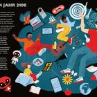 Oben steht „Schule im Jahr 2100“. Bunte Illustration mit Schülern, Robotern und Technologien in einer futuristischen Szene.