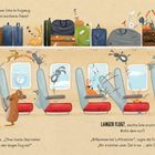 Text: „Kurz darauf war Ente im Flugzeug. Genau wie sein kostbares Paket!“  
Darunter Tiere im Flugzeug, Koffer im Gepäckfach.