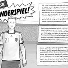 „Das erste Länderspiel!“ steht in großen, stilisierten Buchstaben. Illustration: Ein junger Fußballspieler im Trikot.