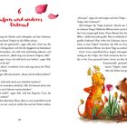 "6 Tulpen und anderes Unkraut" in roter Schrift. Links Text über Coco, Alfi und Unkraut. Rechts Illustration mit einem kleinen, orangefarbenen Fantasie-Wesen und einem braunen Nagetier, die eine Tulpe betrachten.