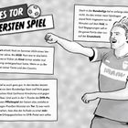 "Erstes Tor im ersten Spiel". Ein Fußballspieler jubelt, illustriert, mit nach vorne gestrecktem Arm. Texte erzählen seine Geschichte.