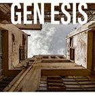Text: "GENESIS". Blick von unten auf verfallene Gebäude, die einen schmalen Himmel umrahmen.
