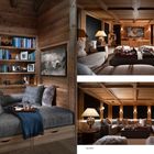 Text: "LES GETS 35".  
Ein gemütlicher Raum aus Holz mit Sofas, Bücherregal, Lichtern und Bildern.