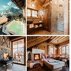 Texte: "ABOVE:", "OPPOSITE:", "OBEN:", "GENERELL:". 

Es zeigt eine winterliche Berghütte mit Whirlpool, gemütlichem Kaminzimmer und stilvollem Bad.