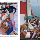 "Wrangler thinks Americans spend too much for clothes. (And we're doing something about it)." Links Segelboot mit modisch gekleideten Leuten, rechts Menschen in Streifenshirts auf einem Segelboot, entspannter Szenenstil.