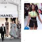 Links "CHANEL" über einem Ladeneingang mit Models, rechts eine Frau auf dem Laufsteg. Text beschreibt Karl Lagerfeld.
