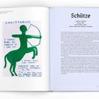 Text: "Schütze. Lateinisch: Sagittarius. Element: Feuer. Herrscherplanet: Jupiter." Links Illustration: grüner Zentaur mit Bogen.