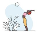Illustration: Ein Mensch streckt sich mit erhobenen Armen, daneben ein spielender Hund und Pflanzen im Hintergrund.
