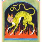 Illustration: Eine gelb gestreifte Katze mit rotem Feuer und grünem Hintergrund. Verschnörkelter Schweif, markante Ohren.