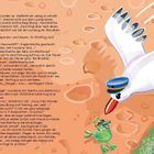 "Auf Krax" oben links. Illustration einer fliegenden Möwe mit Mütze, daneben ein grüner Frosch. Links ein blaues Raumschiff.