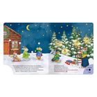 Texte: "Wenig später klingeln...", "Danke schön", "sofort hängt...", "wunderschöner Weihnachtsschmuck."

Illustration: Winterlandschaft, Tiere mit Mützen, eine Holzhütte, Tannenbäume, Lichter, Leiter, Mond und Sterne am Himmel.