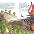 Text: Lulu und Tom spielen, verstecken sich vor Traktor. Illustration mit Mäusen, Pflanzen, Traktor, großer roter Maschine.