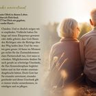 Text über Dankbarkeit für den Partner. Rechts sitzen ein älteres Paar und ein Hund bei Sonnenuntergang.