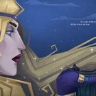 Illustration: Profil einer Frau mit langem Haar und einem Mann in einem kleinen Boot auf ihrer Hand unter sternenklarem Himmel.