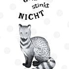 "Geld stinkt nicht" steht über einer Illustration eines Fuchses auf einem gepunkteten Hintergrund.