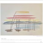 März 2027. Bunte horizontale Streifen in Rot, Gelb und Blau, darüber vertikale Linien. Eine abstrakte, farbige Zeichnung.