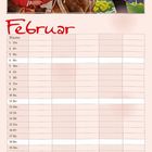 Kalenderseite: "Februar" in rot. Tabellenlayout: Tage und Spalten. Zwei Menschen in traditioneller Kleidung mit Pferd.