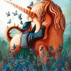 Eine Illustration zeigt eine Person, die ein Einhorn umarmt, umgeben von blauen Schmetterlingen und Pflanzen.