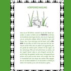 KÖRPERREINIGUNG: Ein Text erklärt, wie Tiere ihre Körperpflege betreiben. Eine Illustration zeigt ein lächelndes Tier im Gras.