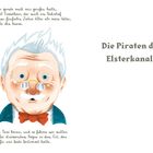 Text: "Die Piraten des Elsterkanals".  
Illustration: Ein Mann mit weißem Haar, Brille, blauem Anzug und roter Fliege.