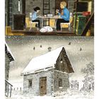 Text: "Egal was er sagte, ich dachte nur daran, dass gut ein Viertel des Tüteninhalts neben dem Glas gelandet war." Illustration: Zwei Personen am Tisch in rustikaler Hütte, verschneites Haus außen.