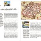 "VISTA DE LA CIUDAD", "La explanada del Castillo". Linke Seite: Text über Nürnbergs Stadtplanung, Bild des Stadtplans. Rechte Seite: Historischer Stadtplan von Nürnberg und Beschreibung der Stadtentwicklung.