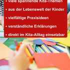 Text auf rotem Hintergrund: "alle Bildungsbereiche, viele spannende Kita-Themen, aus der Lebenswelt der Kinder..." Im Hintergrund Bastelmaterial und Kinderhände.