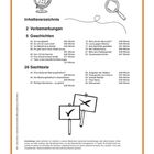 Inhaltsverzeichnis mit Kapiteln wie "Geschichten" und "Sachtexte". Illustrationen: Globus, Lupe, zwei Schilder. "Demokratie & Lesen verknüpfen".