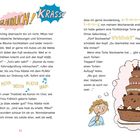 „BOAH!“, „UNGALUBLICH!“, „KRASS!“, „Pusten, Trösten, Pflaster drauf!“, „Wirklich?“ Illustration eines Kindes und einer Torte.