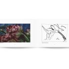 Links: Tulpen auf blauem Hintergrund. Rechts: Illustration von Tulpen, starke schwarze Linien auf weißem Hintergrund.