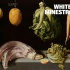 Weiße Schrift "WHITE MINESTRONE", Gemälde mit Obst und Gemüse: Zitrone, Melone, Endivie, Karotten.