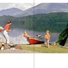 Texte: "1950" und "Title goes here".  
Szene: Camping am See, Menschen, Zelt, Boot, Wald im Hintergrund.
