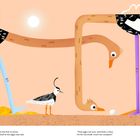 Ein Text schildert, wie zwei Strauße ein kleines Ei entdecken. Beide Vögel lachen darüber. Es handelt sich um eine bunte Illustration.