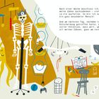 Text: Über Zähne nachdenken, besondere Mensch, Entsetzen, Zähne, am rechten Rand.  
Illustration: Skelett, Junge am Tisch, Spielzeug.