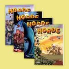 „HORDE“ steht auf vier Büchern, Band 4 ist vorne. Gezeichnete Figuren in Abenteuer-Szenen.