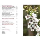 Inhaltsverzeichnis mit Themen über Honig und Manuka. Rechts blühende weiße Blüten an einem grünen Zweig.