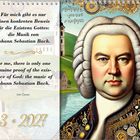 Zitat über die Existenz Gottes durch Johann Sebastian Bachs Musik; Porträt von Bach, Landschaft und Musiknoten im Hintergrund.