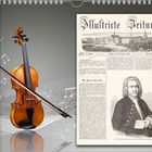 Text oben: "Illustrirte Zeitung", Datum: 10. August 1850. Links Geige, rechts historische Zeitung mit Porträt.