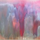 Abstrakte Malerei mit fließenden vertikalen Linien in sanften Rosa-, Rot- und Blautönen, die einen Wasserfalleffekt erzeugen.